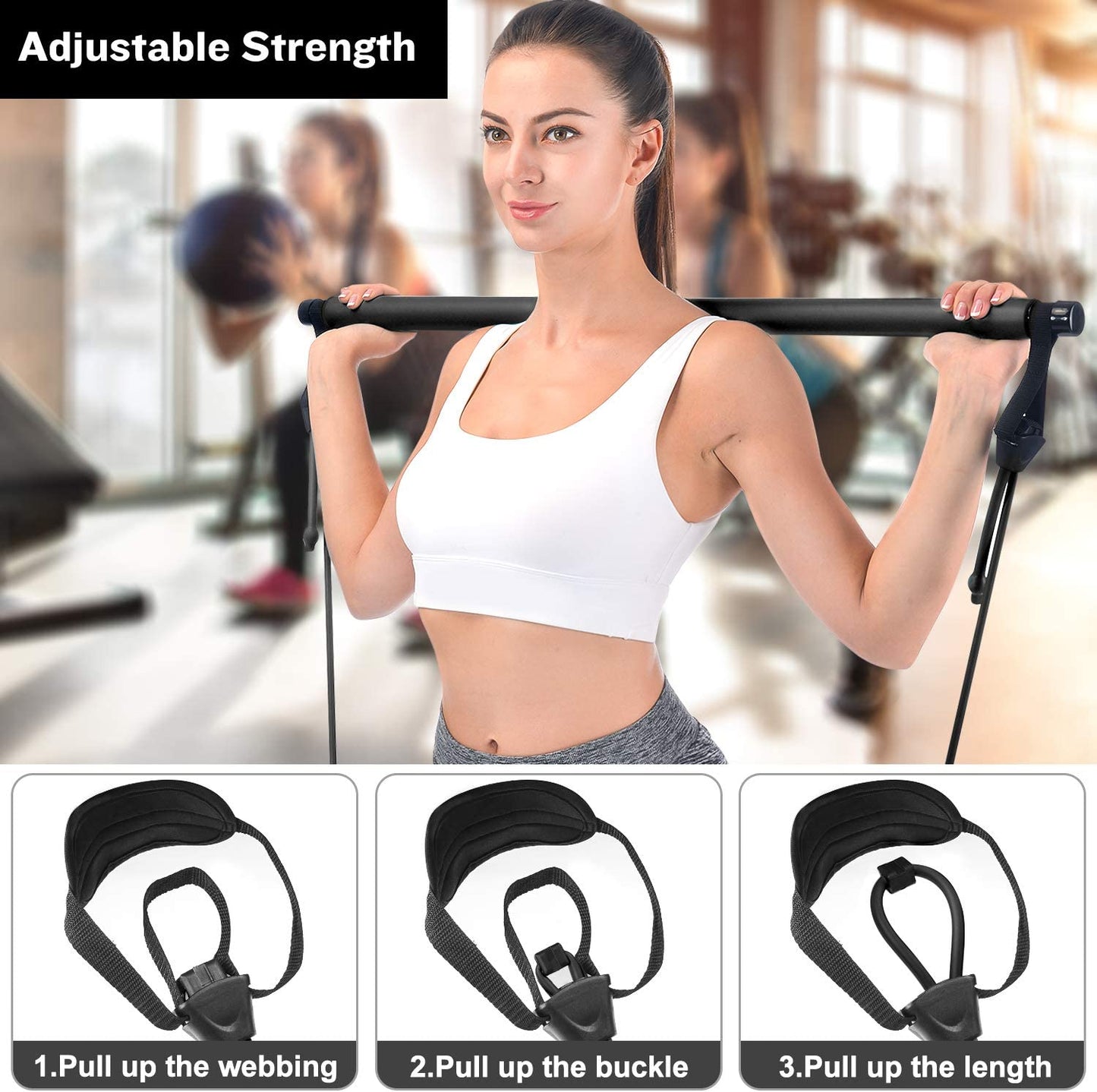 Pilates Bar, Portable Pilates Bar Kit with Adjustable Resistance Band for Different Height, Home Gym Exercise Stick Yoga Bar with Foot Loop for Hipsline, Stretching, Muscle Toning