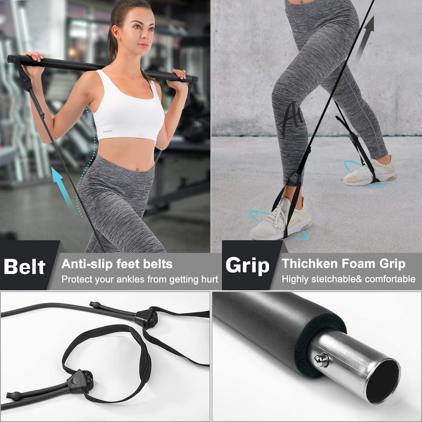 Pilates Bar, Portable Pilates Bar Kit with Adjustable Resistance Band for Different Height, Home Gym Exercise Stick Yoga Bar with Foot Loop for Hipsline, Stretching, Muscle Toning
